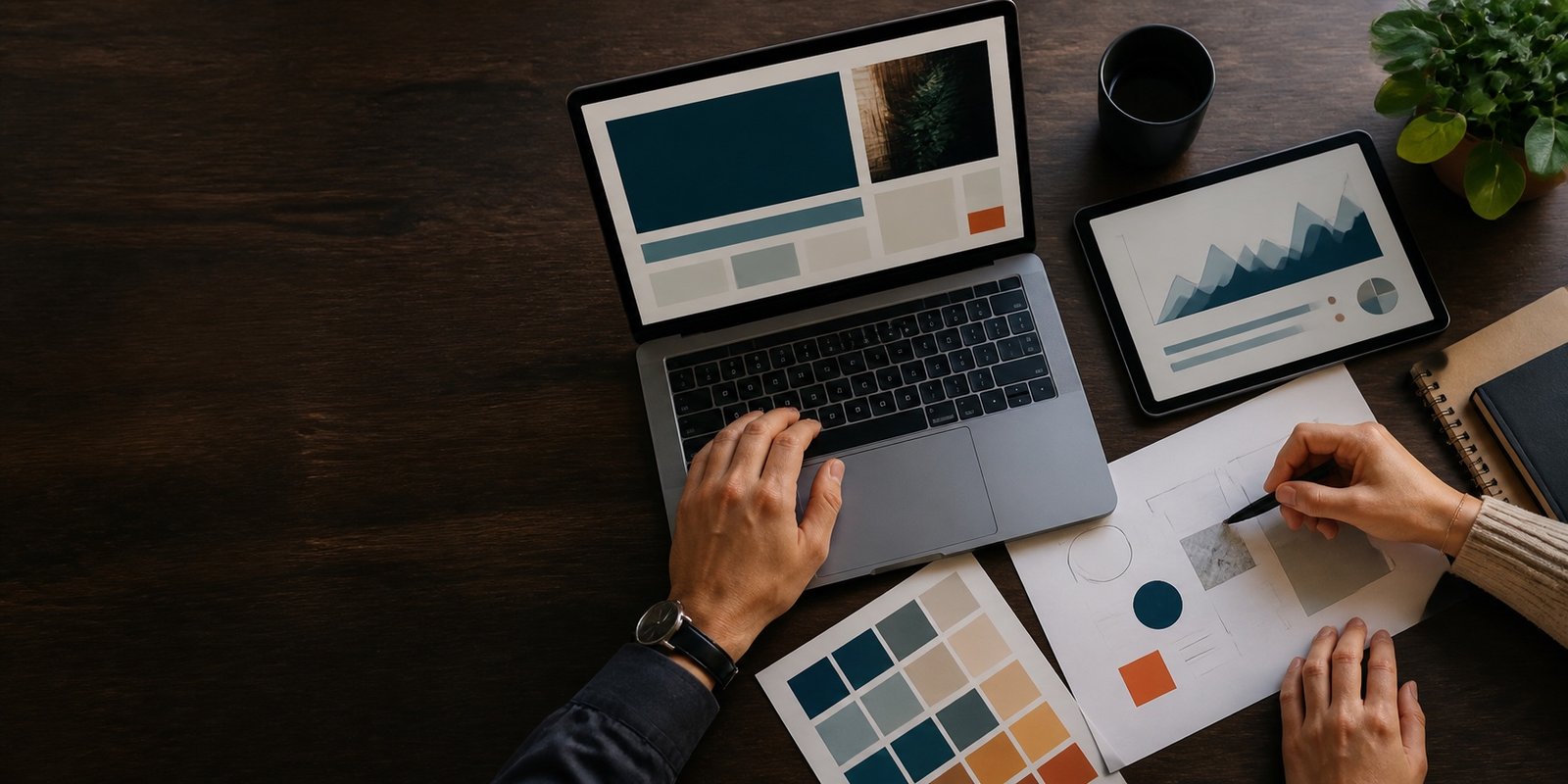 Small-business planning session with website, analytics, and design materials
