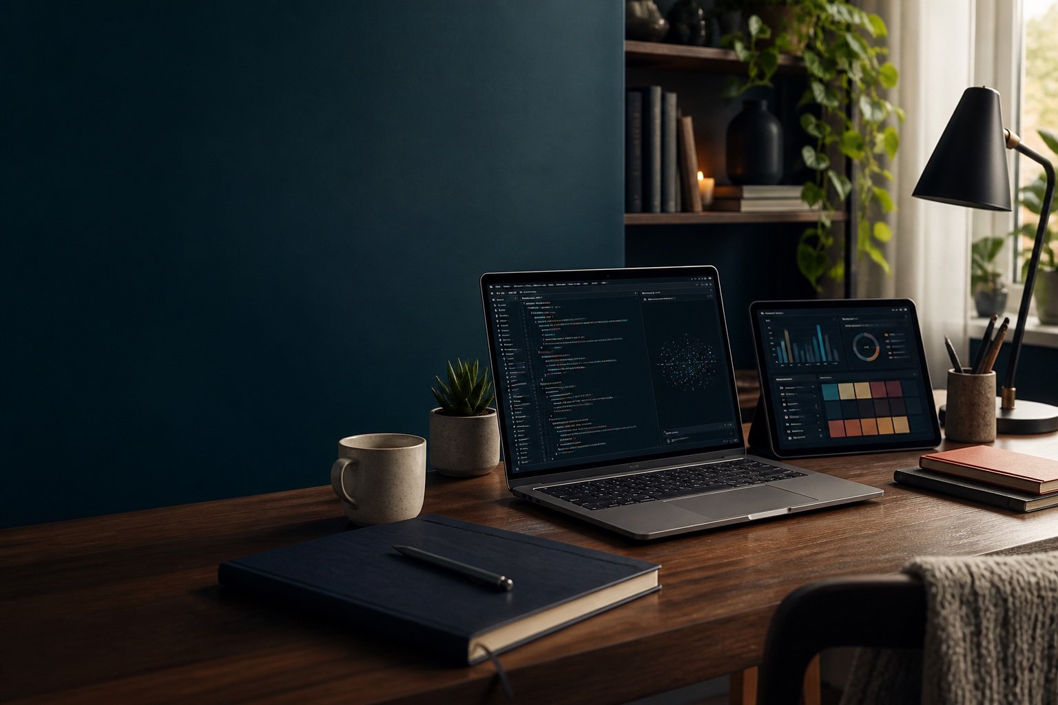 Laptop and tablet set up for learning web development, data, and design